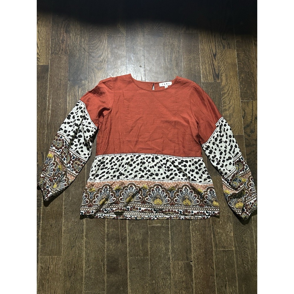 THML Anthropologie S Mixed Print Tunic Blouse - Boho Rust Animal Print Floral